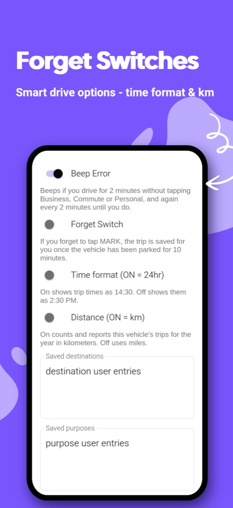 Options: reminder beep, forget switch, time format and kilometers